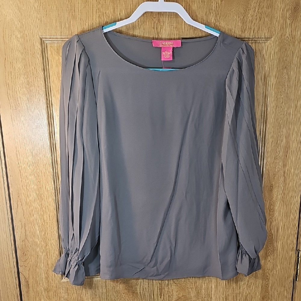 Catherine Malandrino Gray Blouse with Pleated Sleeves